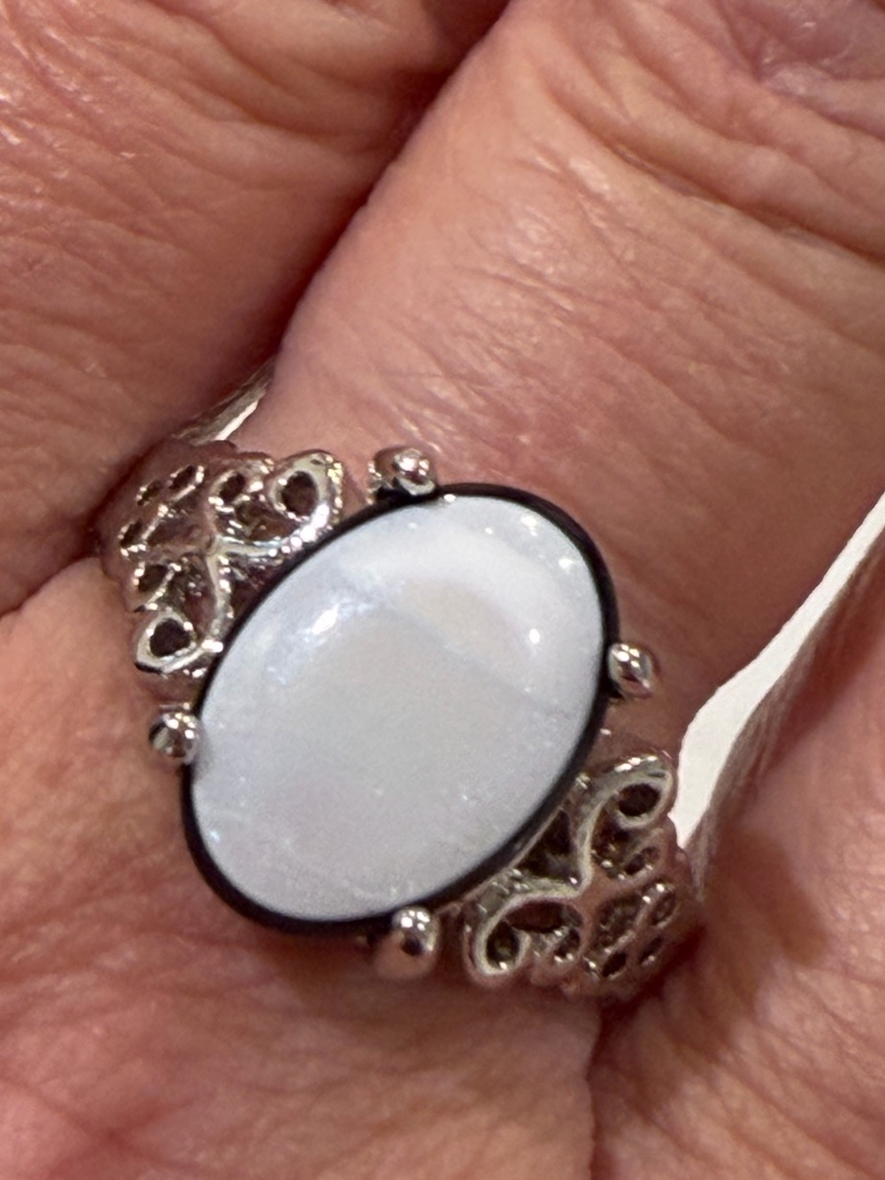 Silver Filigree Ring with White Oval Stone sz 10